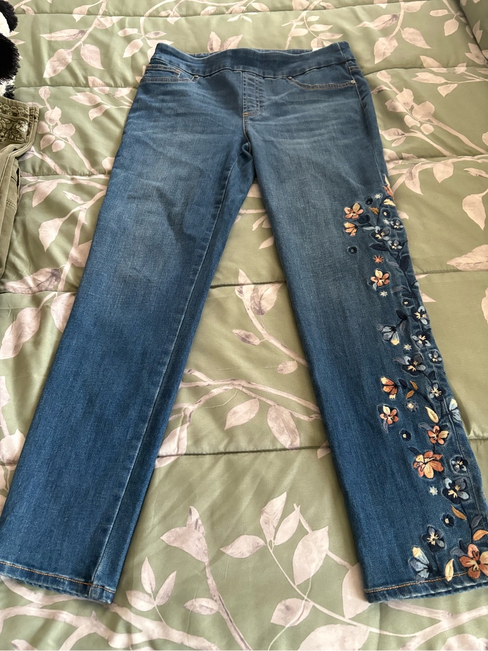 Chico's Medium Blue Straight-Leg Jeans with Side Floral Embroidery